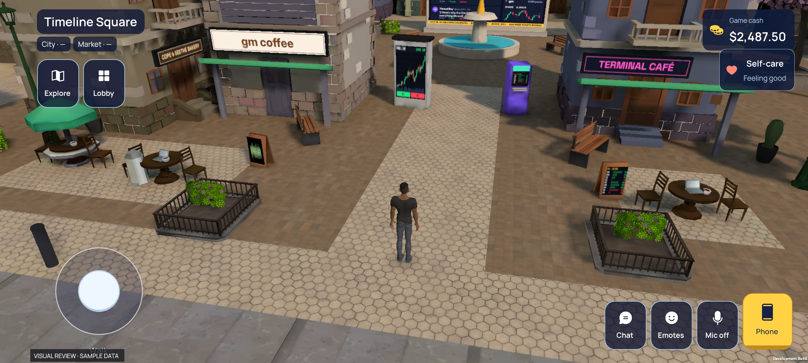 Seeker development capture of Timeline Square, including the movement controls and in-game phone. Sample data labels are retained.