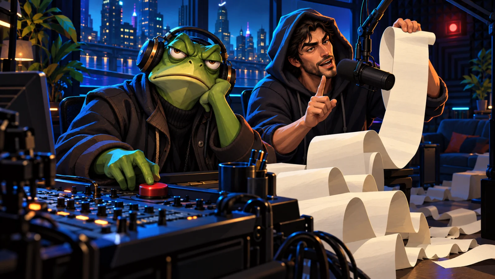 CT Life concept art: a caller unrolls his very long agenda into a microphone while an exhausted frog moderator reaches for the mute control.