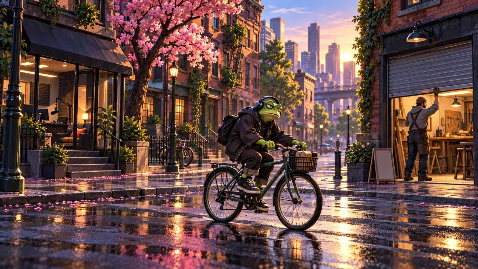 CT Life city concept: the night-shift moderator cycles home through a sunlit neighborhood as a builder opens the workshop.